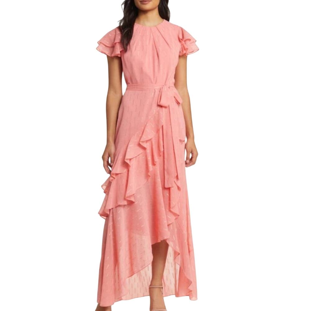 Eliza J Metallic Ruffle Fill Coupe High Low Maxi Gown Pink Rose Size 12 Romantic